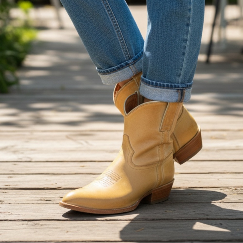 Frye Billy Short Banana Yellow Tan Leather Western Distressed Cowboy Ankle Boot